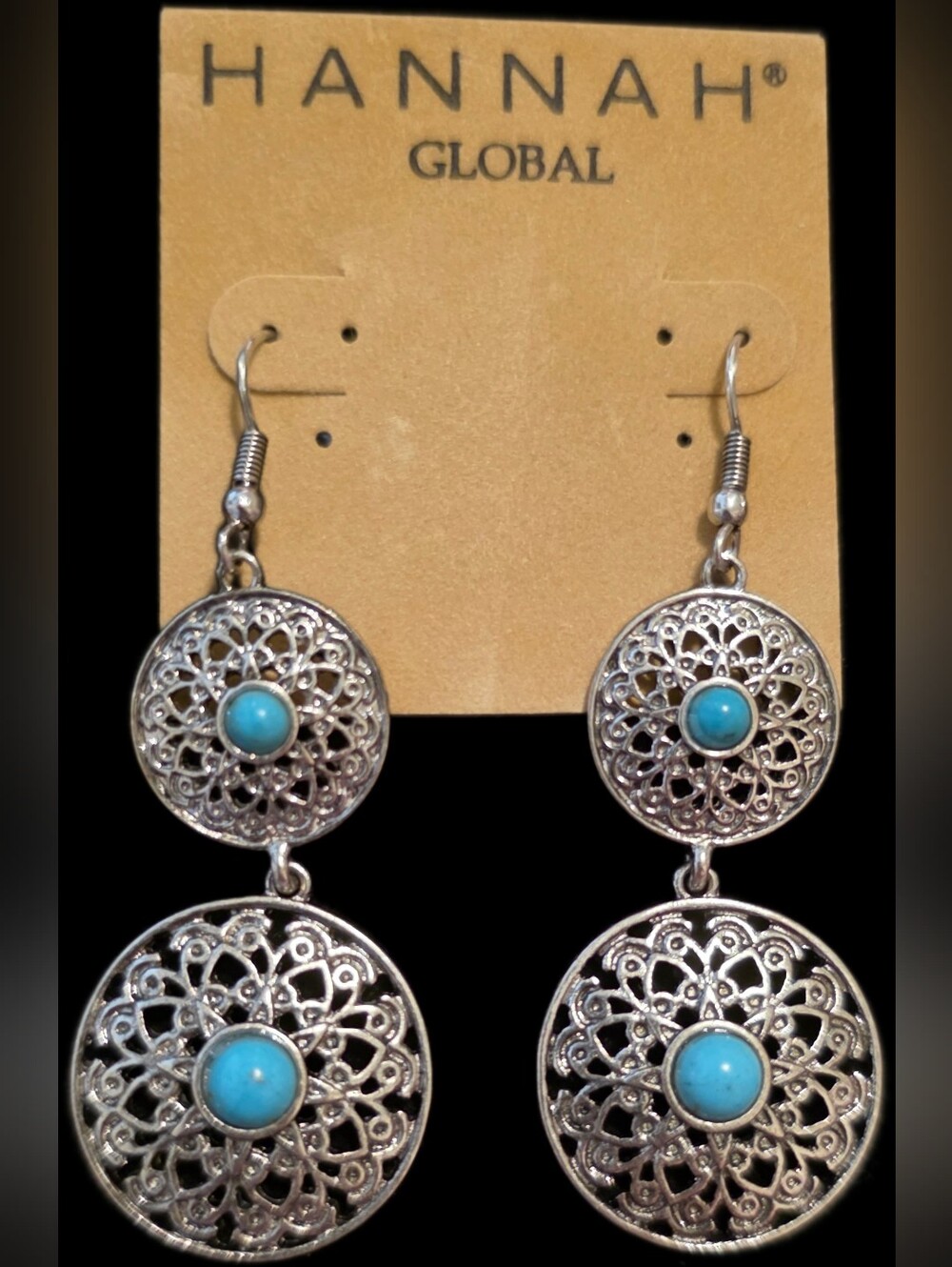 Silvertone Filigree Drop Earrings w/Faux Turquoise Accents